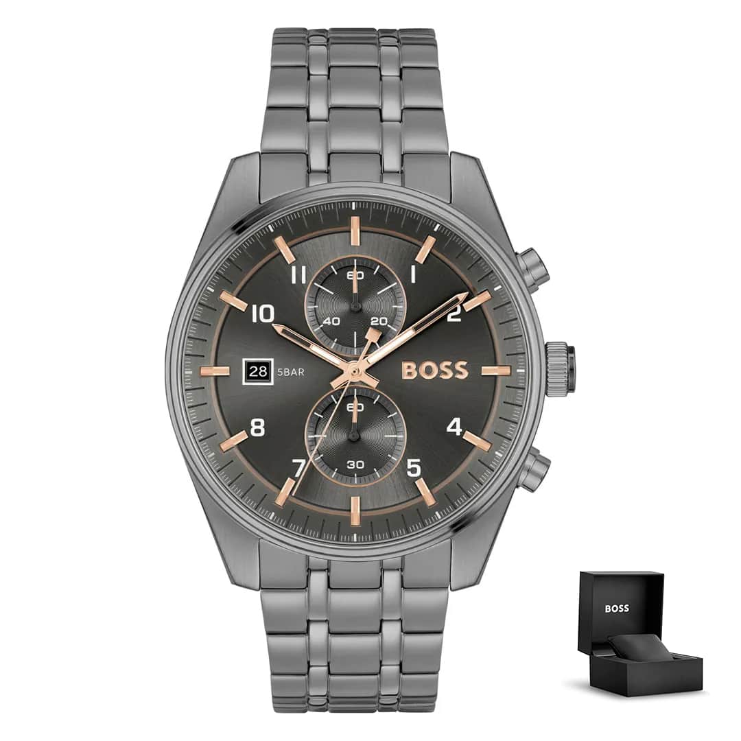 Muški sat Hugo Boss Skytraveller 1514153 u crnoj boji s rose gold kazaljkama i kutijom