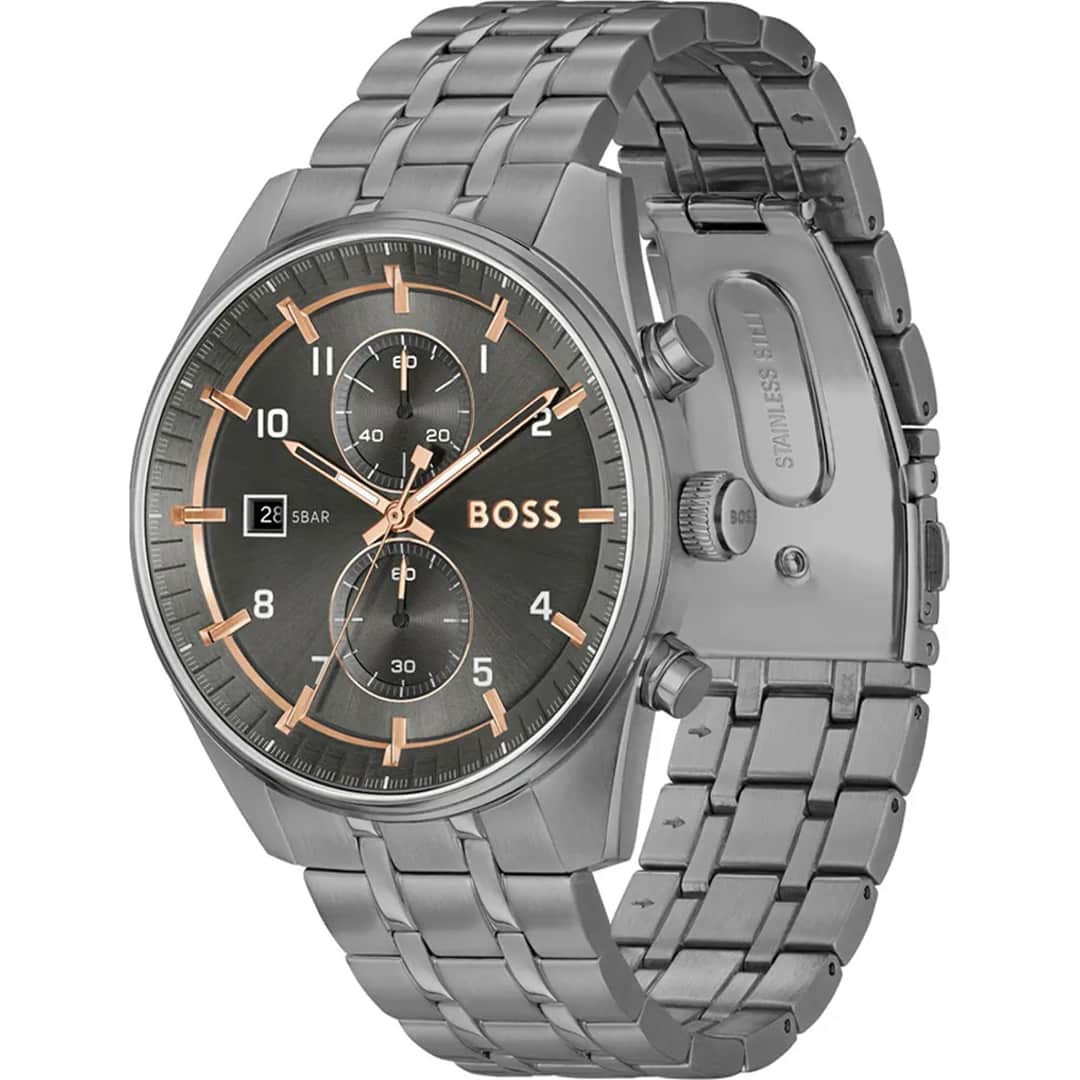 Bočni pogled na muški sat Hugo Boss Skytraveller 1514153 s čeličnim remenom