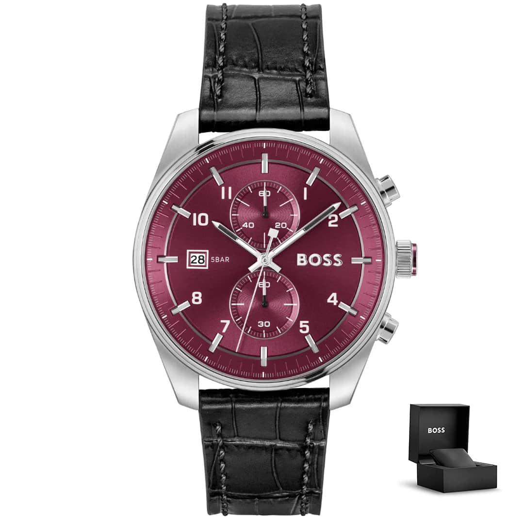 Muški sat Hugo Boss Skytraveller 1514193 s bordo brojčanikom i crnim kožnim remenom, prikazan s originalnom poklon kutijom<br>