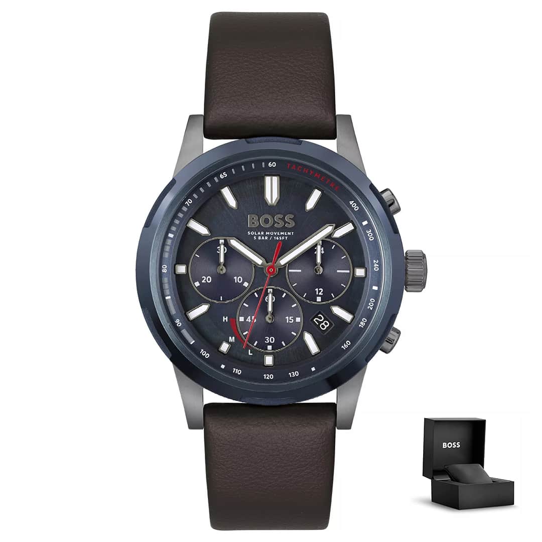 Muški sat Hugo Boss Solgrade 1514030 s tamnoplavim brojčanikom, smeđim kožnim remenom i poklon kutijom<br>