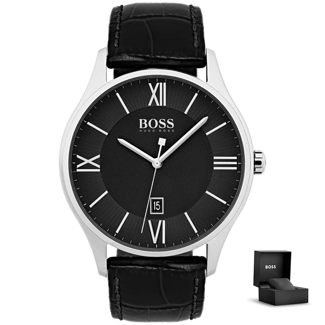Muški ručni sat Hugo Boss Governor 1513485 s crnim brojčanikom, rimskim brojevima, kožnim remenom i poklon kutijom<br>